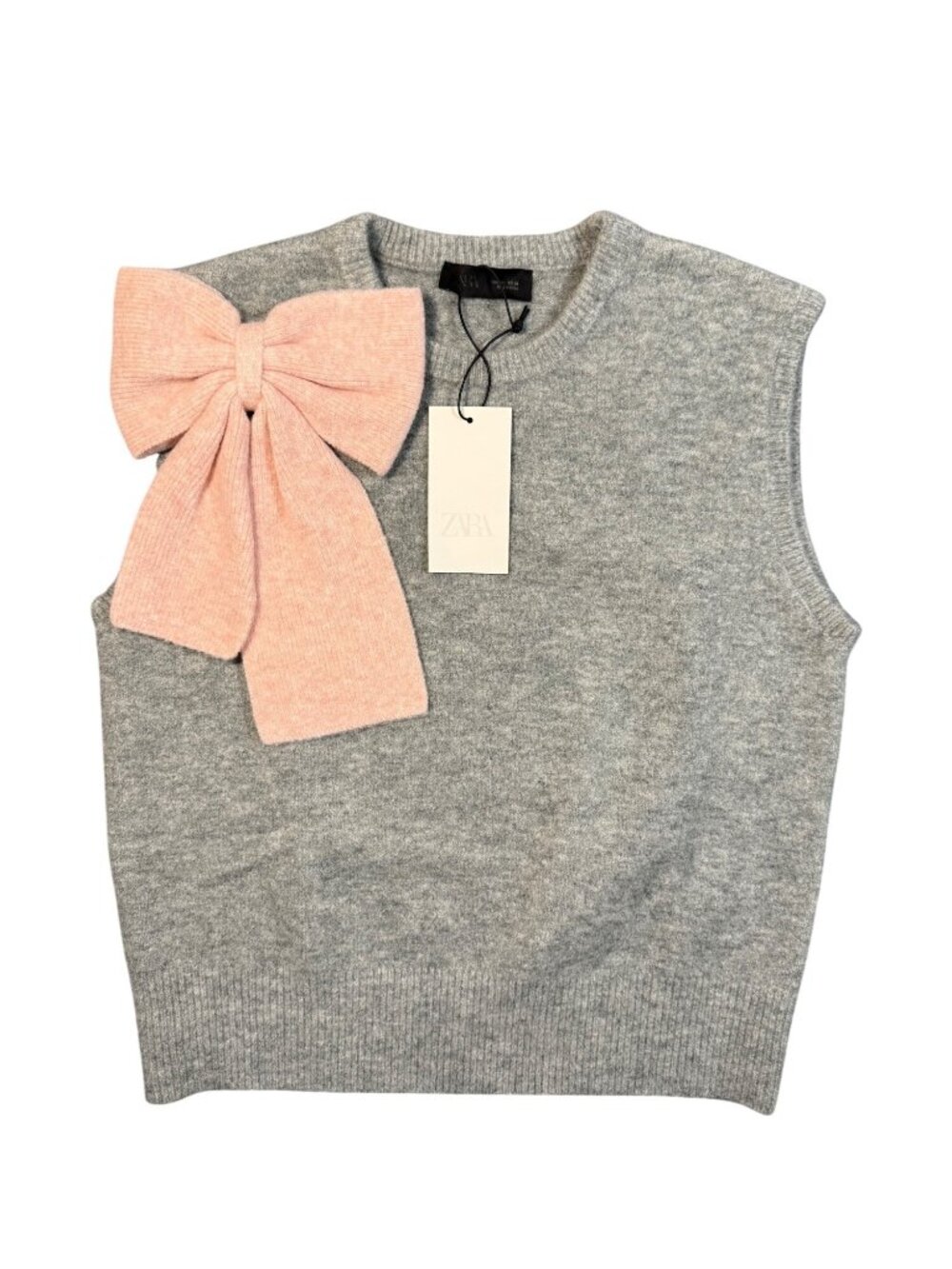 NWT Zara Knit Vest Top Bow Wool Blend Academia Preppy Gray Pink Size Large